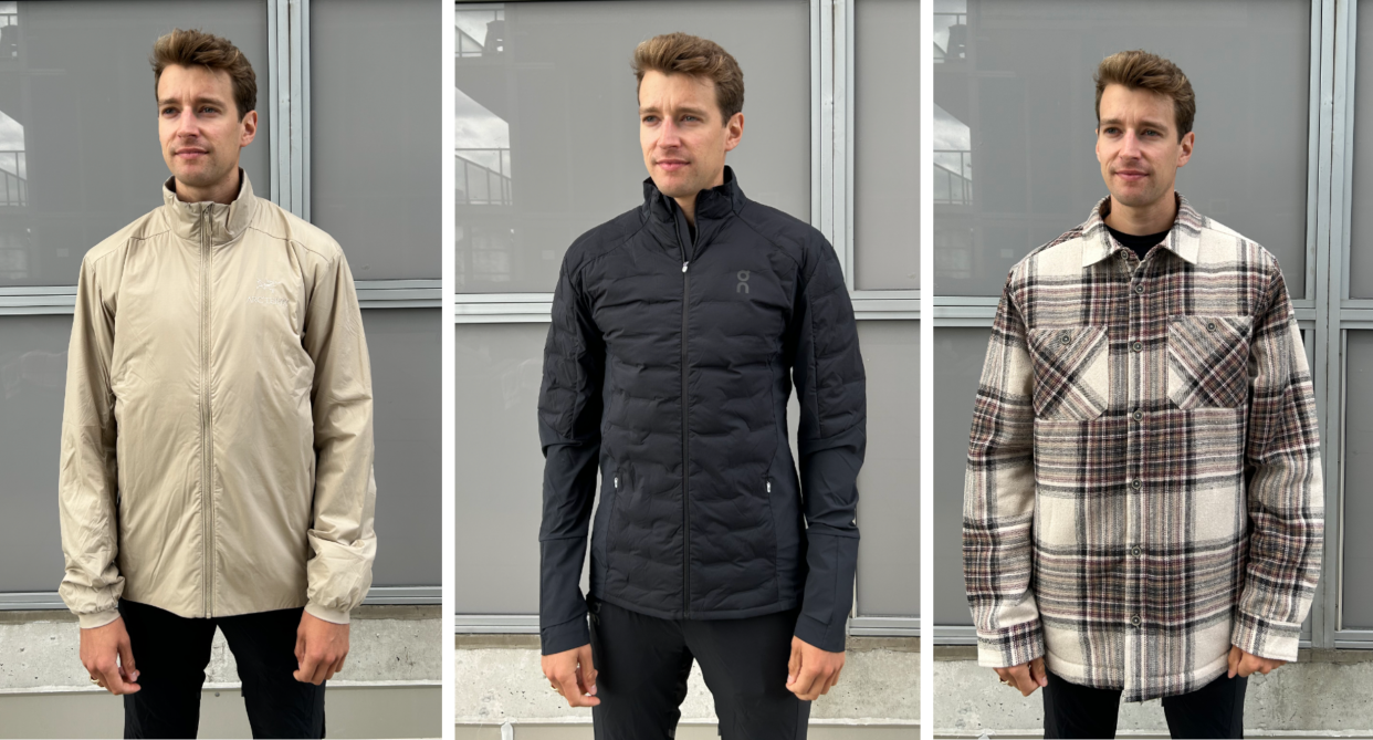 blonde man wearing fall jackets, man in beige running zip-up jacket, man wearing quilted black ON jacket, man wearing plaid shirt jacket, best men's fall jackets