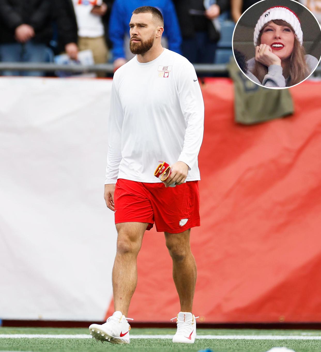 Travis Kelce Gazes at Poster of Taylor Swift at Gillette Stadium Ahead of Chiefs Game