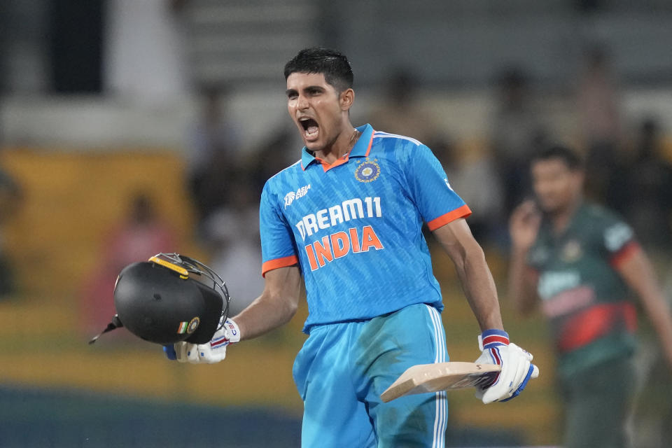 India's Shubman Gill celebrates scoring a century during the Asia Cup cricket match between Bangladesh and India in Colombo, Sri Lanka, Friday, Sept.15, 2023. (AP Photo/Eranga Jayawardena)