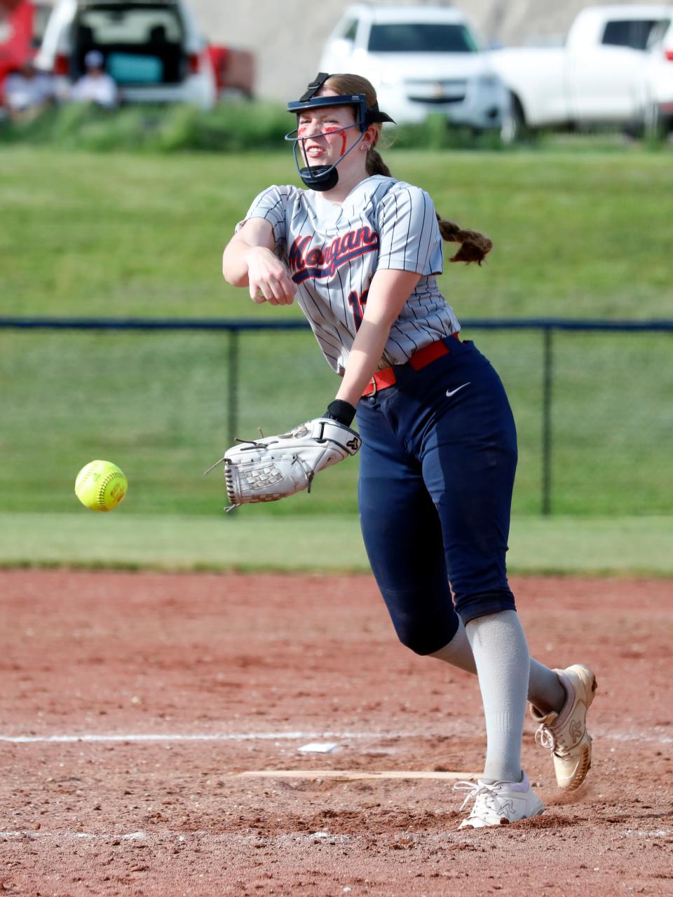 Malayni Clemens fires a pitch during the third inning of Morgan's 14-0 mercy against visiting Philo on Wednesday in a Division II sectional tournament game in McConnelsville. Clemens pitched four hitless innings to get the win.