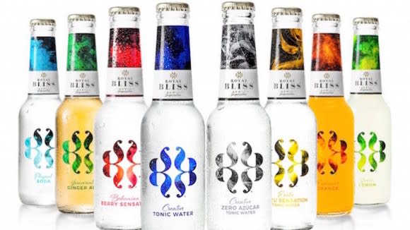 Bottles of Royal Bliss mixers on white background.