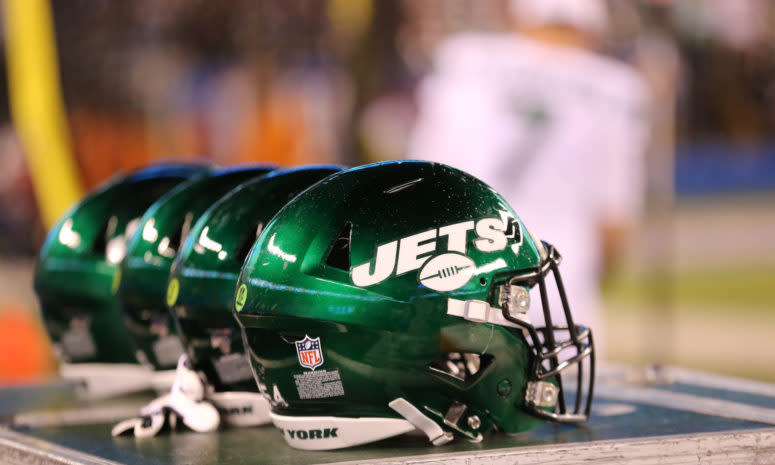 General shot of the new Jets helmets at MetLife Stadium.