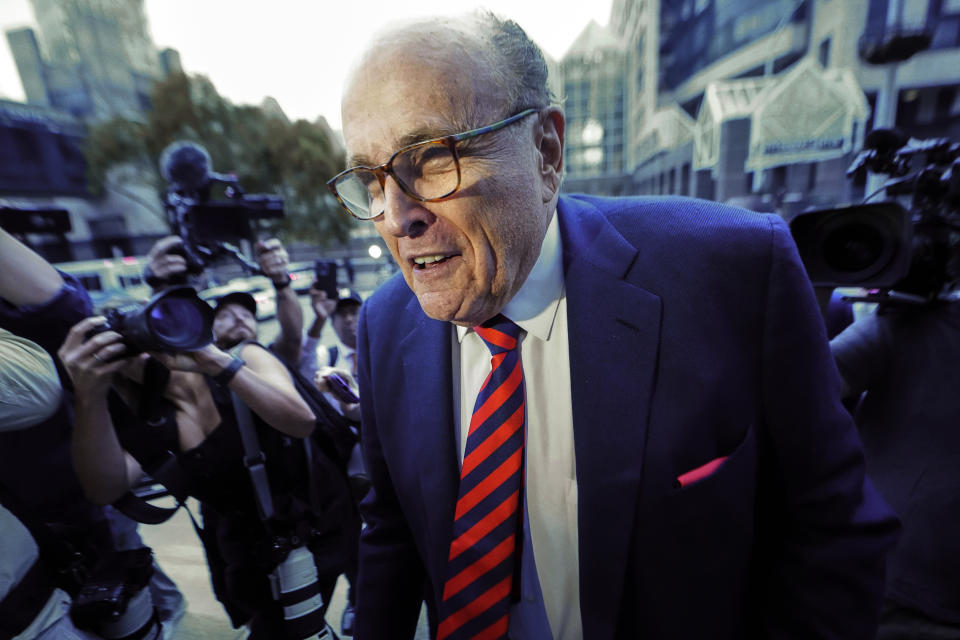 FILE - Rudy Giuliani arrives at the Fulton County Courthouse, Aug. 17, 2022, in Atlanta. Giuliani has been disbarred in New York. The former New York City mayor, federal prosecutor and legal adviser to Donald Trump received the decision Tuesday, July 2, 2024 from an appeals court in Manhattan.(AP Photo/John Bazemore, File)