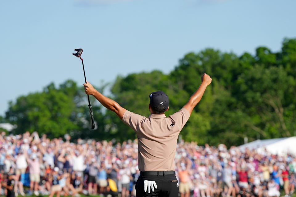Xander Schauffele celebrates after winning the PGA Championship at Valhalla Golf Club.