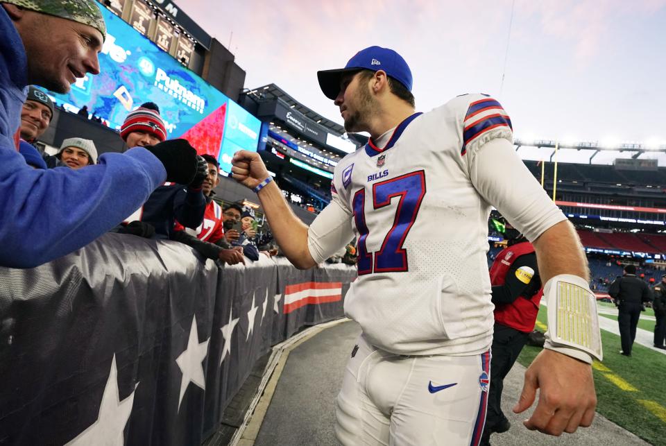 Dec 26, 2021; Foxborough, Massachusetts, USA; Buffalo Bills quarterback Josh Allen (17) reacts to the crowd after defeating the New England Patriots at Gillette Stadium. Mandatory Credit: David Butler II-USA TODAY Sports