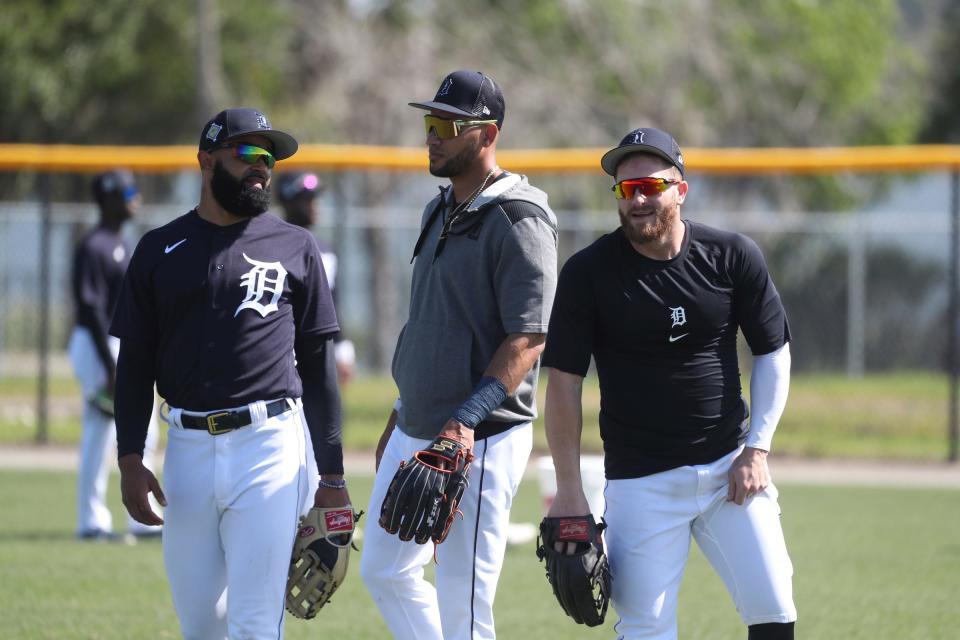 (From left) Tigers outfielders Derek Hill, Victor Reyes and Robbie Grossman in the field during Detroit Tigers spring training on Monday, March 14, 2022, at TigerTown in Lakeland, Florida.