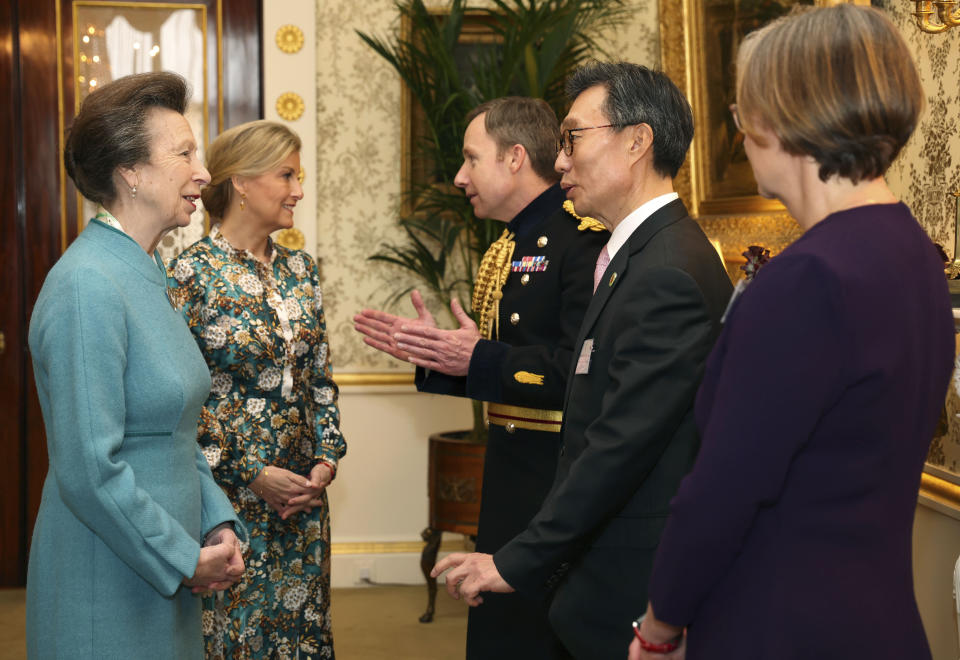 Britain's Princess Anne, the Princess Royal, left and Sophie, the Duchess of Edinburgh, second left meet with Major General Eldon Millar, background, Korean Ambassador to the UK His Excellency Yeocheol Yoon and Director of Remembrance Philippa Rawlinson, during a reception for Korean War veterans, to mark the 70th Anniversary of the Korean War, at Buckingham Palace, London, Tuesday March 19, 2024. (Tristan Fewings/PA via AP)