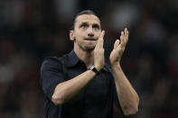 AC Milan's Zlatan Ibrahimovic reacts after his last game for the club at the end of a Serie A soccer match between AC Milan and Hellas Verona at the San Siro stadium, in Milan, Italy, Sunday, June 4, 2023. (AP Photo/Antonio Calanni)