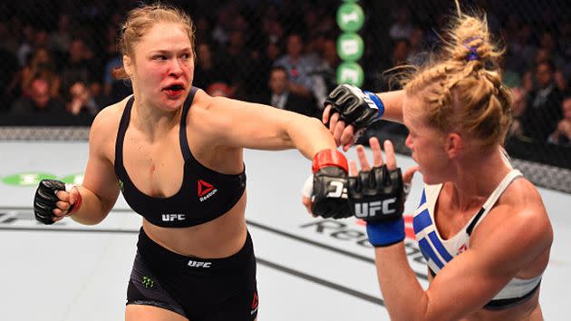 A dazed Ronda Rousey against Holly Holm. Image: Getty