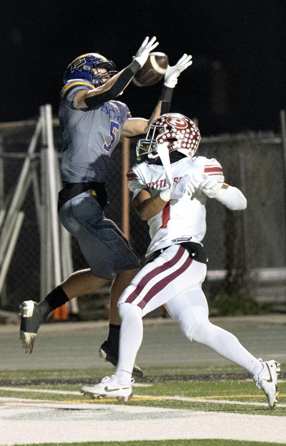 Escalon’s Sam Jimenez makes a touchdown catch over Patterson’s Jeremiah Lugo during the Sac-Joaquin Section Division IV championship game at St. Mary’s High School in Stockton, Calif., Friday, Nov. 24, 2023.