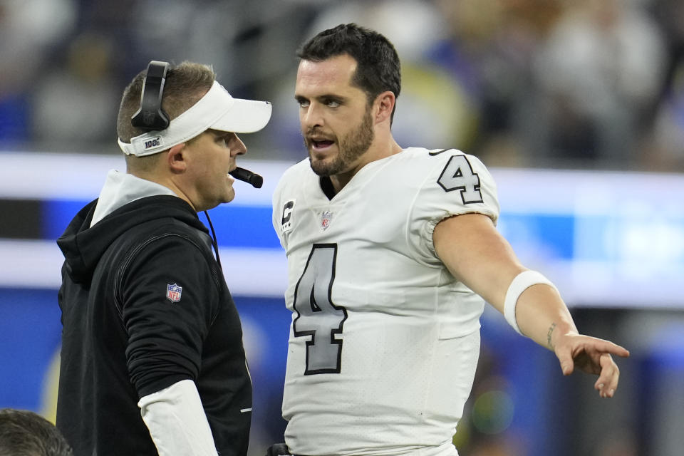 Josh McDaniels, Derek Carr and the Raiders have had a worst-case scenario season. (AP Photo/Marcio Jose Sanchez)