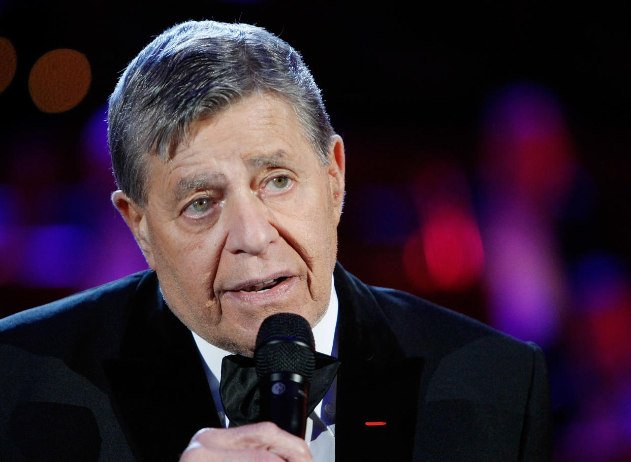 Jerry Lewis speaks during the 44th annual Labor Day Telethon to benefit the Muscular Dystrophy Association.