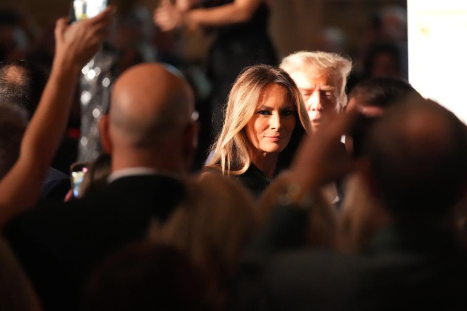 Melania Trump and Republican presidential candidate and former President Donal Trump attend the Trumpettes Gala at Mar-a-Lago on Saturday, February 10, 2024 in Palm Beach.