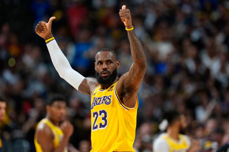 Los Angeles Lakers forward LeBron James gestures for a call in the second half of Game 5 of an NBA basketball first-round playoff series against the Denver Nuggets Monday, April 29, 2024, in Denver. (AP Photo/David Zalubowski)
