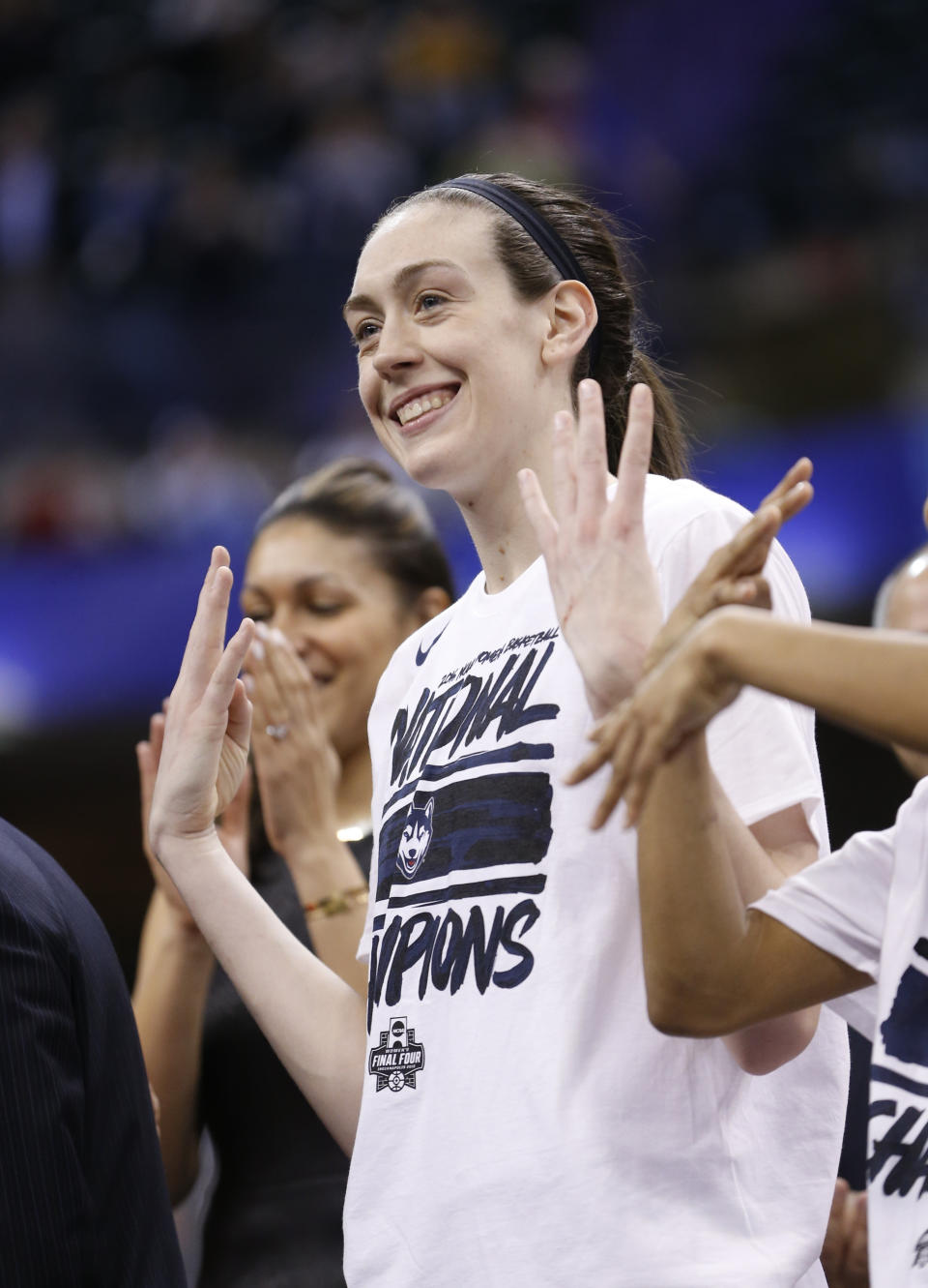 FILE - Connecticut's Breanna Stewart celebrates after Connecticut's 82-51 victory over Syracuse in the championship game at the women's Final Four in the NCAA college basketball tournament Tuesday, April 5, 2016, in Indianapolis. Iowa's Caitlin Clark will soon be the NCAA's scoring leader. That's fact and, in many minds, enough to put the 22-year-old star high up among the greats of college basketball. (AP Photo/AJ Mast, File)