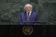 Irish President Michael D. Higgins addresses the 74th session of the United Nations General Assembly, Wednesday, Sept. 25, 2019, at the U.N. headquarters. (AP Photo/Frank Franklin II)
