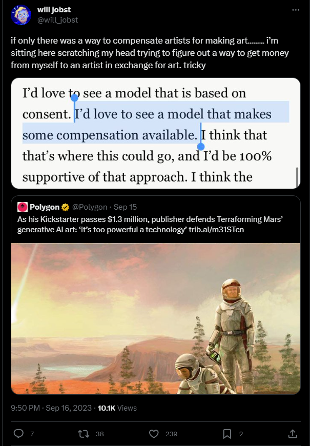 The post reads: if only there was a way to compensate artists for making art…….. i’m sitting here scratching my head trying to figure out a way to get money from myself to an artist in exchange for art. tricky