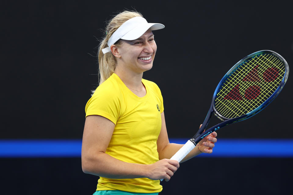 BRISBANE, AUSTRALIA - APRIL 10: Daria Saville of Australia during a practice session ahead of the Billie Jean King Cup Qualifier between Australia and Mexico, at Pat Rafter Arena on April 10, 2024 in Brisbane, Australia. (Photo by Chris Hyde/Getty Images)