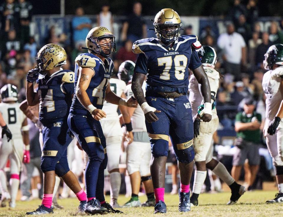 Central Catholic Mana Itete (78) reacts after making a tackle during the Valley Oak League game with Manteca at Central Catholic High School in Modesto, Calif., Friday, Oct. 20, 2023.