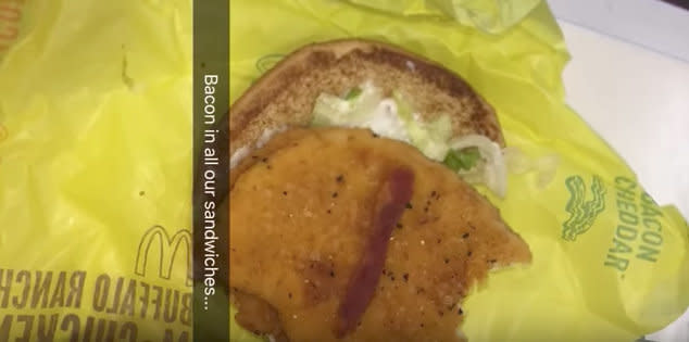 A screengrab of the McChicken sandwiches in question from a video uploaded by CAIR. (Photo: CAIRtv / YouTube)