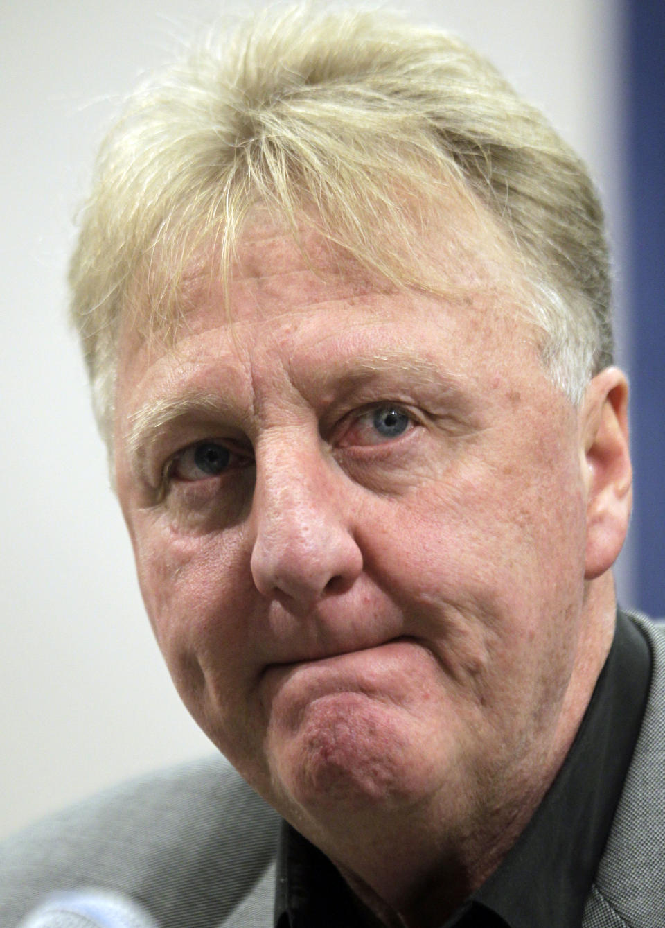 Larry Bird talks about stepping down as president of the Indiana Pacers during an announcement by the NBA basketball team in Indianapolis, Wednesday, June 27, 2012. Donnie Walsh was named as president and Kevin Pritchard as general manager. (AP Photo/Michael Conroy)