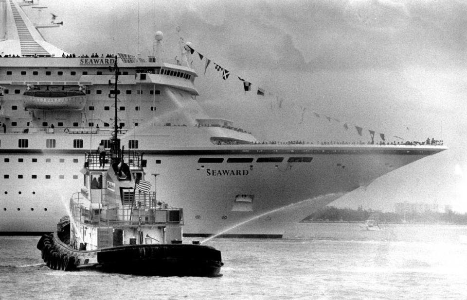 The M.S. Seaward arrives in Miami in 1988.