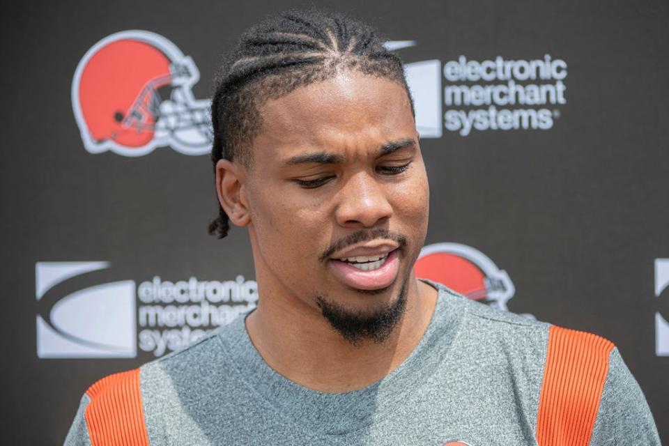 Browns receiver Cedric Tillman speaks to reporters before rookie minicamp in Berea, Friday, May 12, 2023.