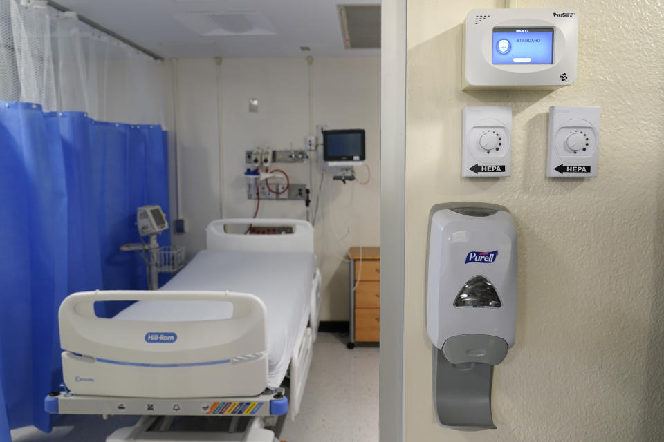 New machinery, right, that helps to turn a regular hospital room into an isolation room is seen at Bellevue Hospital in New York, Wednesday, Oct. 28, 2020. Hospitals in the city's public NYC Health and Hospitals' system have been upgrading their equipment, bracing for a potential resurgence of coronavirus patients, drawing on lessons learned in the spring when the outbreak brought the nation's largest city to its knees. (AP Photo/Seth Wenig)