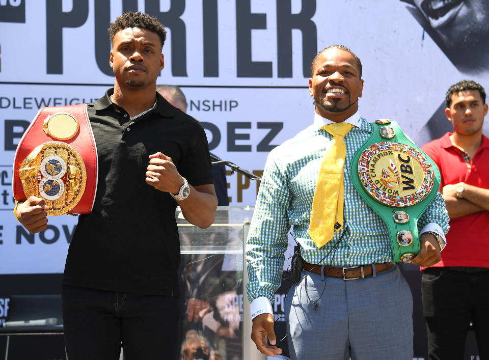 LOS ANGELES, CA - AUGUST 13: IBF Welterweight World Champion Errol Spence Jr. and WBC Welterweight World Champion Shawn Porter face off during a press conference at STAPLES Center Star Plaza to preview their upcoming Welterweight World Championship fight on August 13, 2019 in Los Angeles, California. (Photo by Jayne Kamin-Oncea/Getty Images)