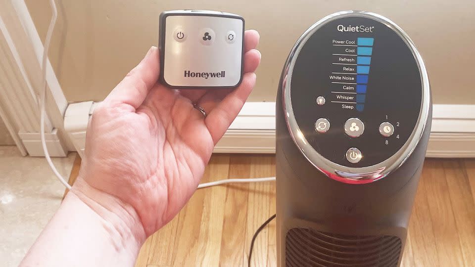 The Honeywell QuietSet tower fan has a palm-sized, lightweight remote control that easily and conveniently stores in the back of the unit. - Suzanne Kattau/CNN Underscored