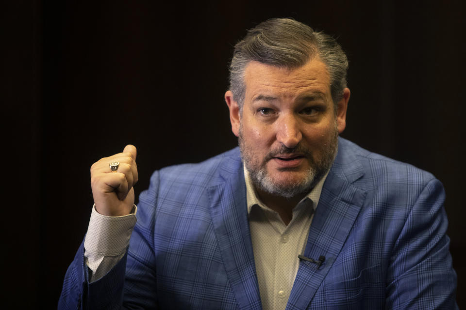 U.S. Sen. Ted Cruz gestures as he speaks during an interview with The Associated Press in Jerusalem, Monday, May 31, 2021. Cruz on Monday accused President Joe Biden of being soft on Israel's foes and inviting further violence during a deadly 11-day war that left Israelis rattled and turned parts of the Gaza Strip to rubble. (AP Photo/Sebastian Scheiner)