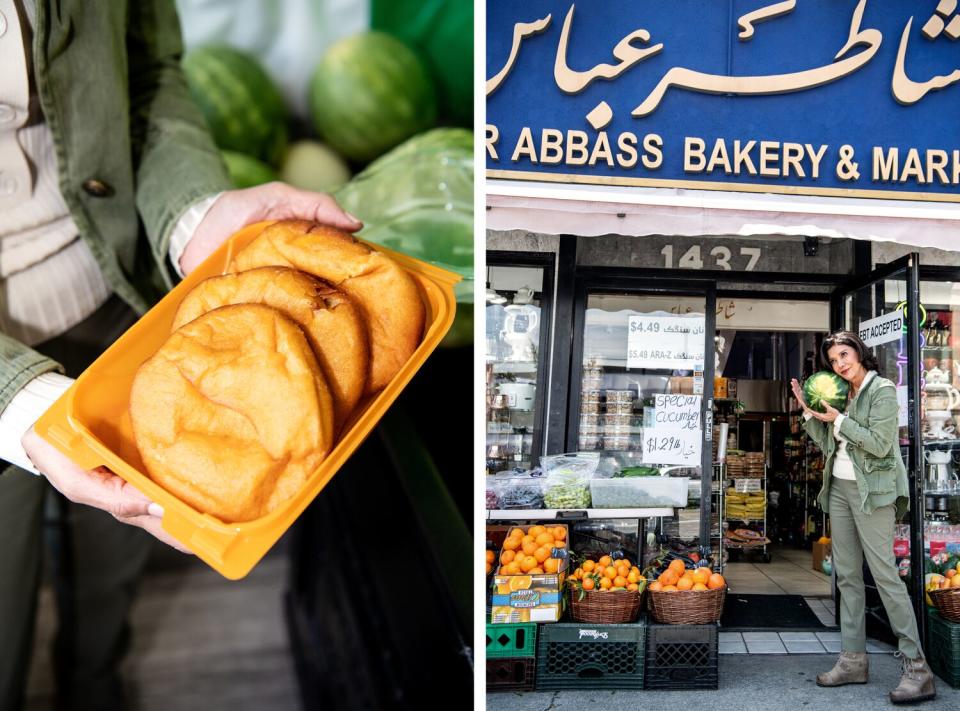 Shoreh Aghdashloo holds piroshki at Jordan Market, left, and picks out a ripe watermelon, right.