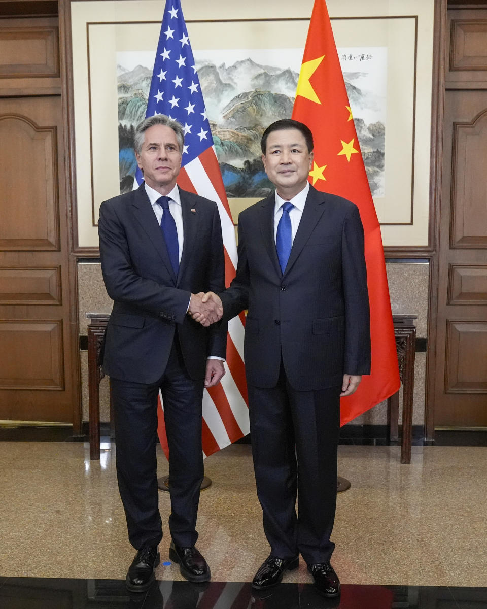 U.S. Secretary of State Antony Blinken meets with China's Minister of Public Security Wang Xiaohong at the Diaoyutai State Guesthouse, Friday, April 26, 2024, in Beijing, China. (AP Photo/Mark Schiefelbein, Pool)