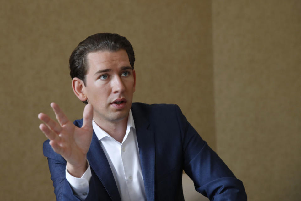 Sebastian Kurz, former Austrian chancellor, gestures as he speaks during an interview in Vienna, Austria, on Tuesday, July 2, 2019. KurzÂ may be out of the Austrian chancellery for the time being, but the conservative leader is still trying to broker power in the European Union. Photographer: Stefan Wermuth/Bloomberg