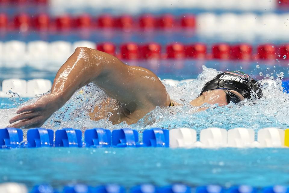 Katie Ledecky swims during the Women's 400 freestyle preliminaries Saturday, June 15, 2024, at the US Swimming Olympic Trials in Indianapolis. (AP Photo/Michael Conroy)