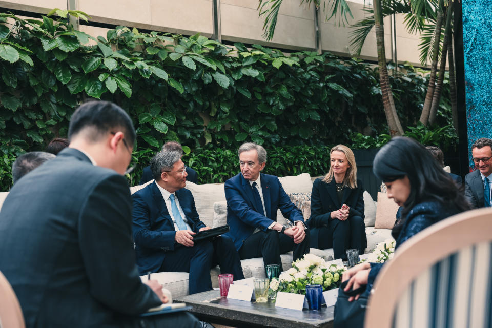Bernard Arnaud, Chairman and CEO of LVMH, meets with Chinese Minister of Commerce Wang Wentao Members alongside members of the senior management team at LVMH, at Dior's 30 Avenue Montaigne flagship in Paris.