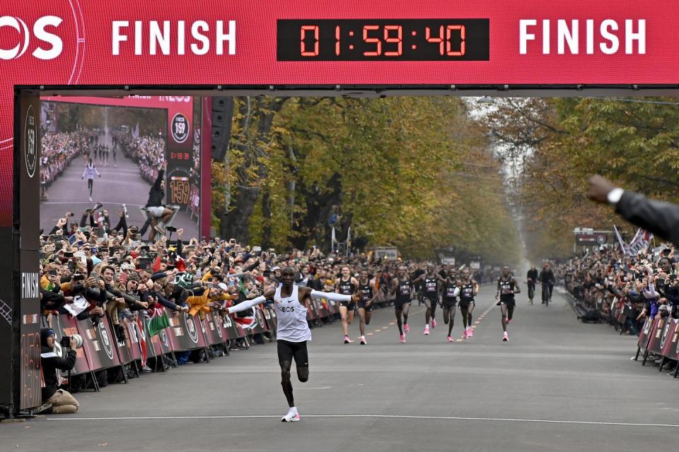 Cementing his legacy by running 26.2 miles faster than anybody in history, Kipchoge crossed the line in a time of 1:59:40.