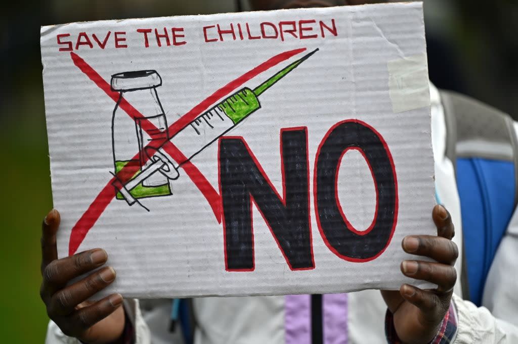 <p>A protester’s placard at a demonstration against vaccinations in London in October</p> (AFP via Getty Images)
