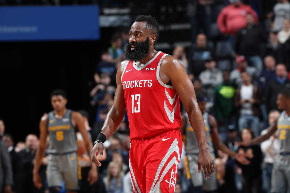 MEMPHIS, TN - MARCH 20: James Harden #13 of the Houston Rockets looks on against the Memphis Grizzlies on March 20, 2019 at FedExForum in Memphis, Tennessee. NOTE TO USER: User expressly acknowledges and agrees that, by downloading and or using this photograph, User is consenting to the terms and conditions of the Getty Images License Agreement. Mandatory Copyright Notice: Copyright 2019 NBAE (Photo by Joe Murphy/NBAE via Getty Images)