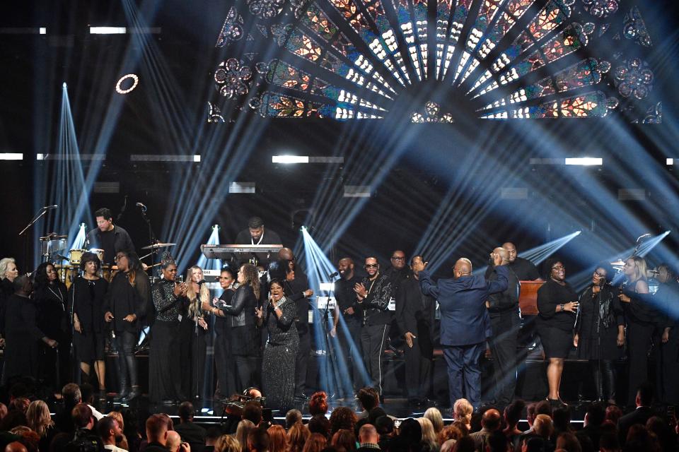 Shirley Caesar, Jakalyn Carr and Dorinda Clark-Cole perform at the 50th Annual Dove Awards on Tuesday in Nashville.