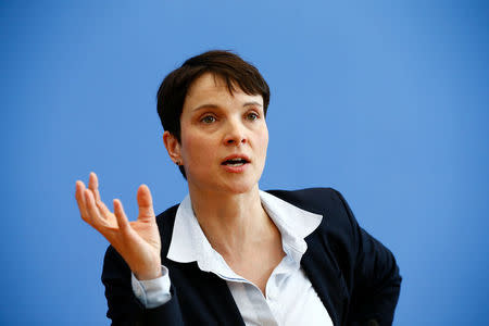 FILE PHOTO: Frauke Petry, chairwoman of the anti-immigration party Alternative for Germany (AfD) speaks during a news conference in Berlin, Germany, March 14, 2016. REUTERS/Wolfgang Rattay /File Photo