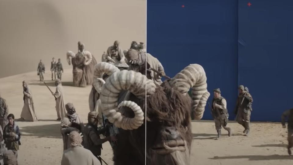 A split screen showing a Bantha, people, and Tusken raiders both in fully rendered cGI and practical effects against a blue screen from an ILM VFX reel for The Mandalorian