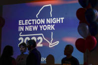 Guests mingle while waiting for New York Gov. Kathy Hochul and Lt. Gov. Antonio Delgado to arrive at their primary election night party, Tuesday, June 28, 2022, in New York. (AP Photo/Mary Altaffer)