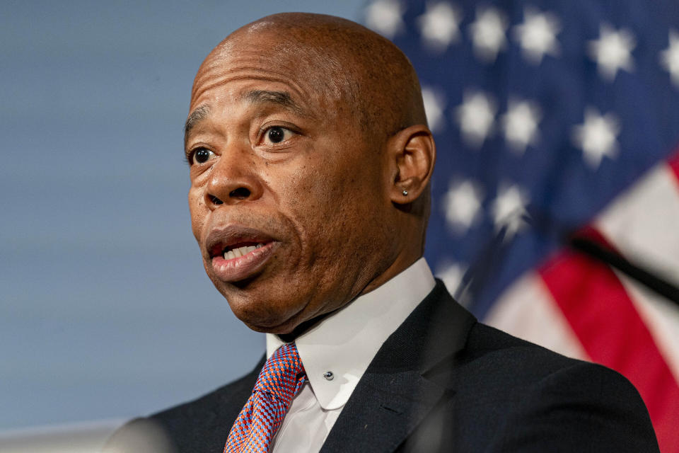 FILE - New York City Mayor Eric Adams speaks during a news conference at City Hall, Dec. 12, 2023, in New York. Mayor Adams mayor has once again been ticketed for a rat infestation at his Brooklyn property.(AP Photo/Peter K. Afriyie, File)