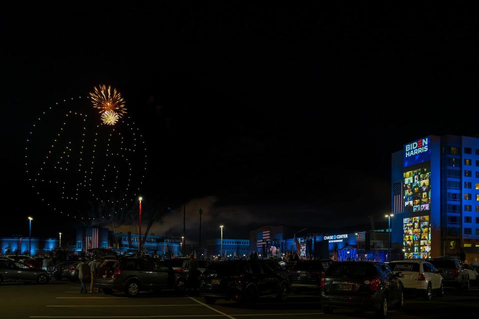 Light drone show displays the number 46 on the evening of Election Day