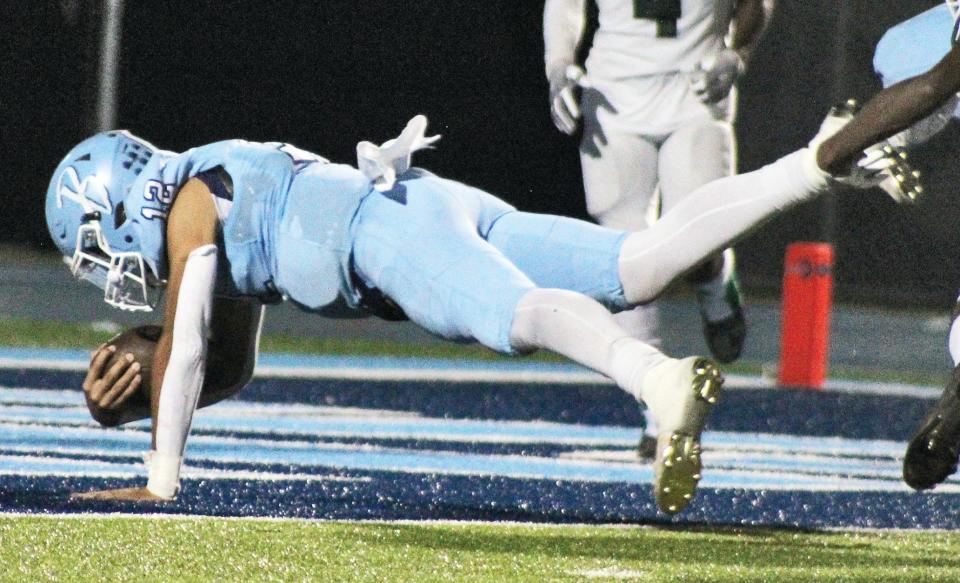 Bartlesville High sophomore quarterback Simian Gilkey dives for a touchdown last season. Gilkey started the first seven games but then suffered a season-ending injury.  He transferred last spring to a Tulsa school.