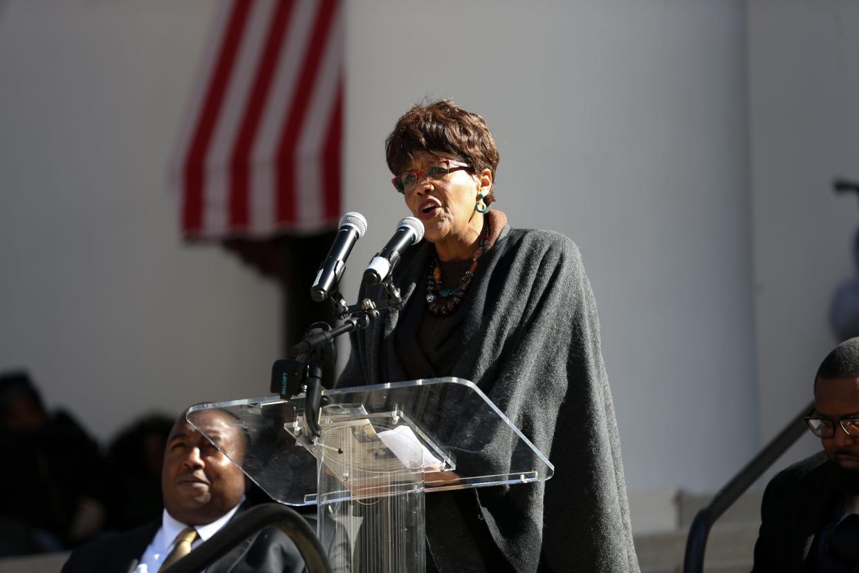 Judge Hobbs introduces Circuit Judge Stephen Everett, the keynote speaker during the Martin Luther King Jr. commemorative rally in the Capitol Courtyard Monday, Jan. 20, 2020.