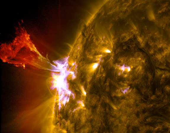A burst of solar material leaps off the left side of the sun in what’s known as a prominence eruption. This image combines three images from NASA's Solar Dynamics Observatory captured on May 3, 2013, at 1:45 pm EDT.