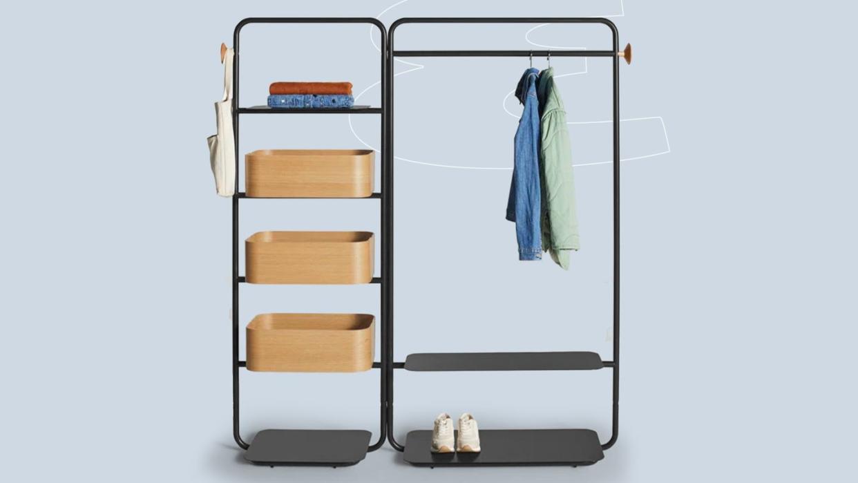 a closet with clothes