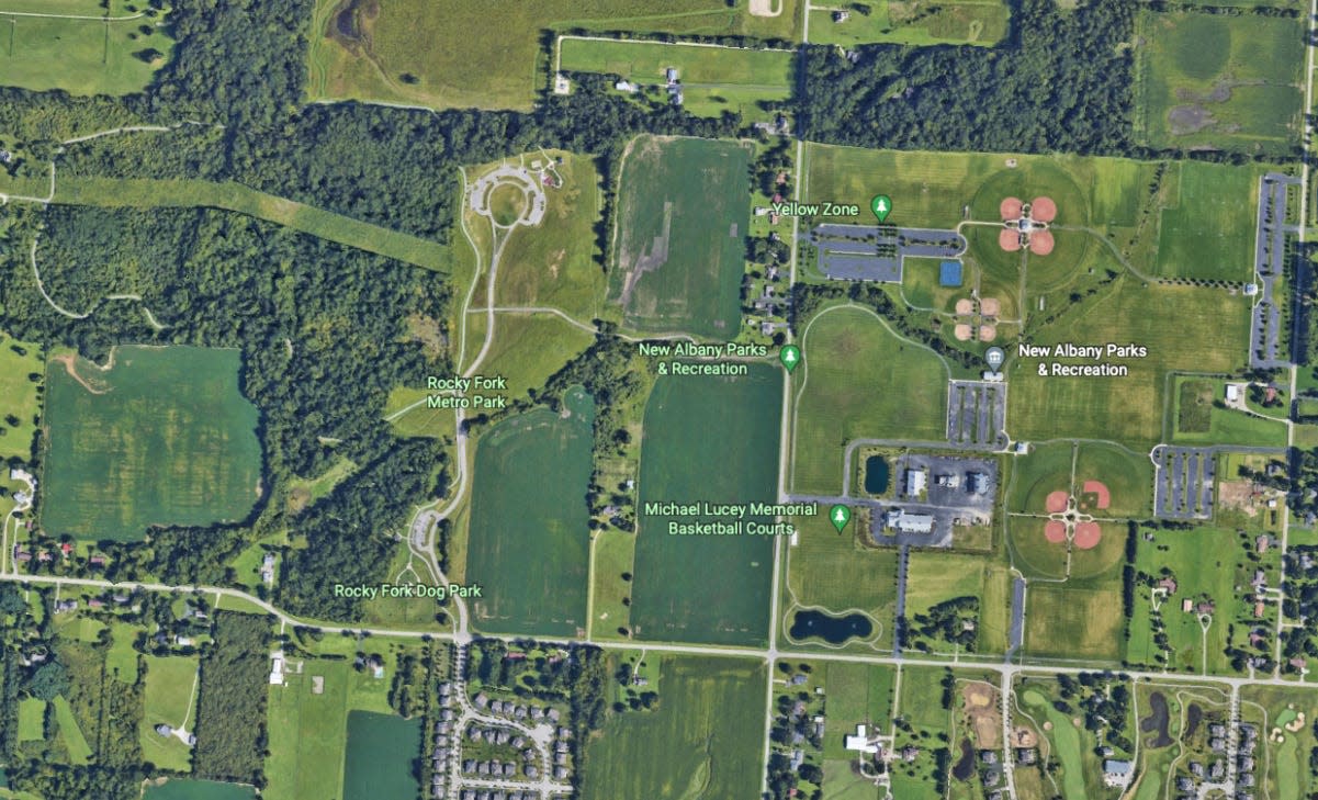 This map shows Rocky Fork Metro Park, along with other park amenities, in the New Albany area. New Albany is in the process of purchasing $3.85 million on two parcels, totaling roughly 74 acres, located in Plain Township. The city has agreed to donate some of the land to the park and is negotiating selling additional acreage to the Columbus and Franklin County Metro Parks, which maintains Rocky Fork.